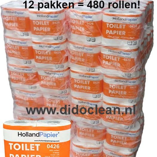12 pakken van 40 rollen Toiletpapier wit cellulose 2 laags 400 vel - HollandPapier