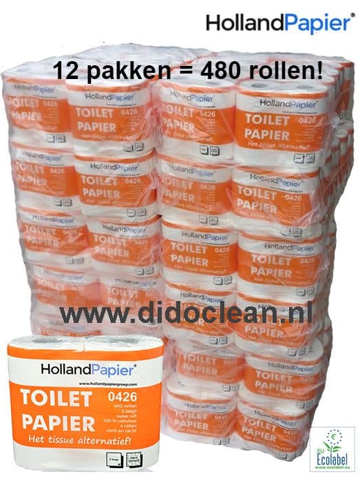 12 pakken van 40 rollen Toiletpapier wit cellulose 2 laags 400 vel - HollandPapier